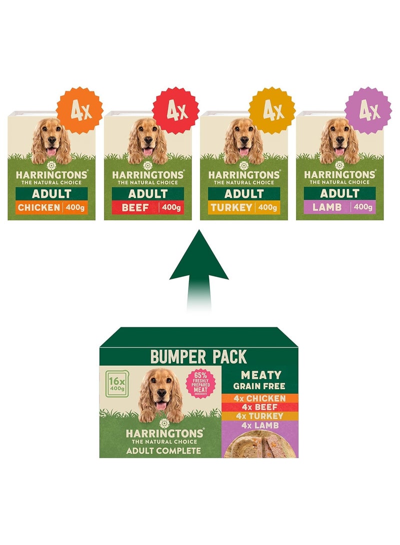 Complete Wet Tray Grain Free Hypoallergenic Adult Dog Food Meaty Bumper Pack 16x400g - Chicken, Lamb, Beef & Turkey - Made with All Natural Ingredients