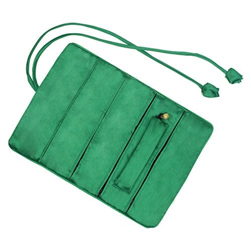 Lidwot Dark Green Silk Jewelry Organizer Roll for Travel – Vintage Embroidery Storage Bag with Zippered Pockets, Foldable Pouch for Rings, Necklaces & Earrings, Compact Luxury Gift - Image 2