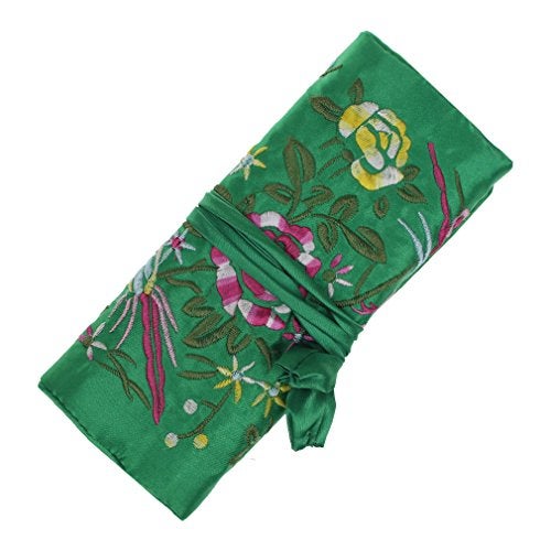 Lidwot Dark Green Silk Jewelry Organizer Roll for Travel – Vintage Embroidery Storage Bag with Zippered Pockets, Foldable Pouch for Rings, Necklaces & Earrings, Compact Luxury Gift - Image 1