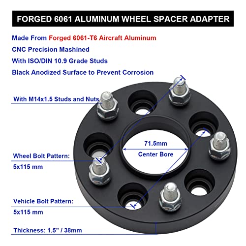 VLAOSCHI Black Forged 5x115 Hubcentric Wheel Spacers 1.5 Inch with 14x1.5 Studs 71.5mm Hub Bore Compatible with Dodge 5 Lug for 2009-2022 Challenger | 2006-2022 Charger | 2005-2008 Magnum - Pack of 4 - Image 5