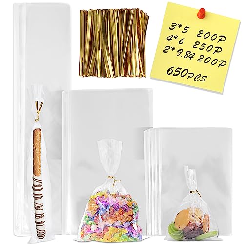 NEOACT 650 PCS Clear Flat Cellophane Treat Bags with 3x5,4x6,9.84 * 2", Treat Bags with Ties are Good for Pretzel Rods,Bakery, Cookies, Candies,Dessert. - Image 1