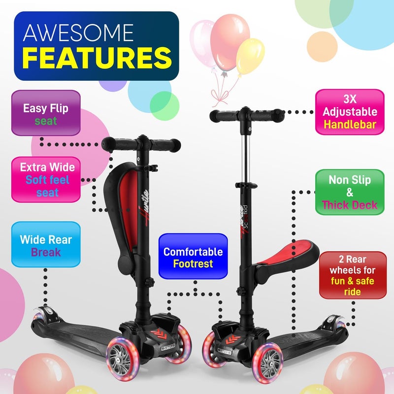 Hurtle 3 Wheeled Scooter for Kids - 2-in-1 Sit/Stand Child Toddlers Toy Kick Scooters with Flip-out Seat, Adjustable Height, Wide Deck, Flashing Wheel Lights, For Boys/Girls 1 Year Old+ - Image 2