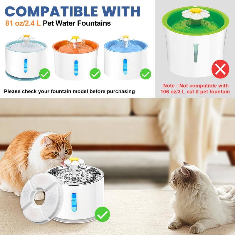 Beyolike 12 Pack Cat Water Fountain Filter, 8 Pcs Cat Fountain Filters Replacement Dia is 5" & 4 Pcs Pre-Filter Sponges for 81oz / 2.4L Round Automatic Pet Water Fountain Dog Dispenser, 3-Filtration System - Image 2