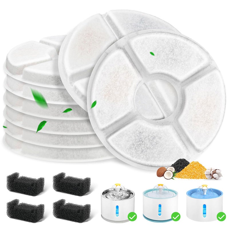 Beyolike 12 Pack Cat Water Fountain Filter, 8 Pcs Cat Fountain Filters Replacement Dia is 5" & 4 Pcs Pre-Filter Sponges for 81oz / 2.4L Round Automatic Pet Water Fountain Dog Dispenser, 3-Filtration System - Image 1