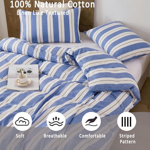 Merryword Blue and White Striped Duvet Cover Set Queen Size 100% Cotton Bedding Set with Modern Coastal Style Soft Breathable Linen Like Bedding Set 3 Pieces - Image 4