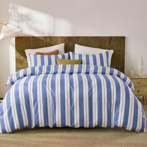 Merryword Blue and White Striped Duvet Cover Set Queen Size 100% Cotton Bedding Set with Modern Coastal Style Soft Breathable Linen Like Bedding Set 3 Pieces - Image 2