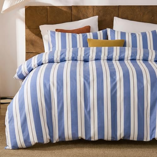 Merryword Blue and White Striped Duvet Cover Set Queen Size 100% Cotton Bedding Set with Modern Coastal Style Soft Breathable Linen Like Bedding Set 3 Pieces - Image 1