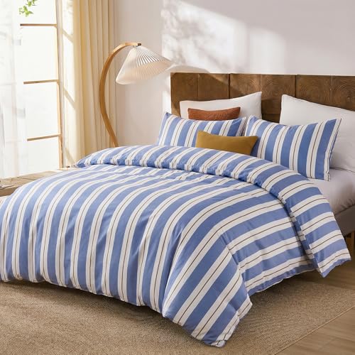 Merryword Blue and White Striped Duvet Cover Set Queen Size 100% Cotton Bedding Set with Modern Coastal Style Soft Breathable Linen Like Bedding Set 3 Pieces - Image 3