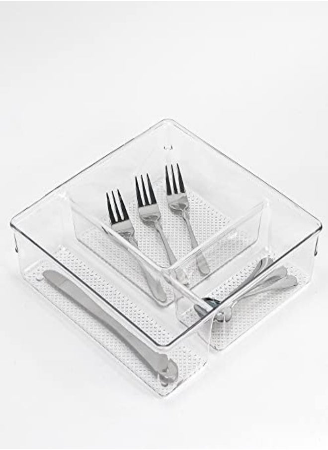 AKDC - Akdc Acrylic Cutlery Tray Clear Transparent Sturdy Drawer Organizer Utensil Trays Flatware Storage Box For Kitchen Spatulas Makeup Accessories Jewelry Dresser Bathroom Office (3-Three Division) - Image 1
