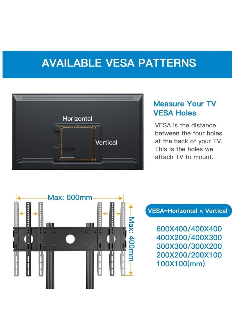 Mobile TV Cart with Wheels for 32-65 Inch LCD LED Plasma Flat Screen TVs- Height Adjustable Rolling TV Stand Hold up to 132 lbs- Floor Stand with Tray Max VESA 600x400mm