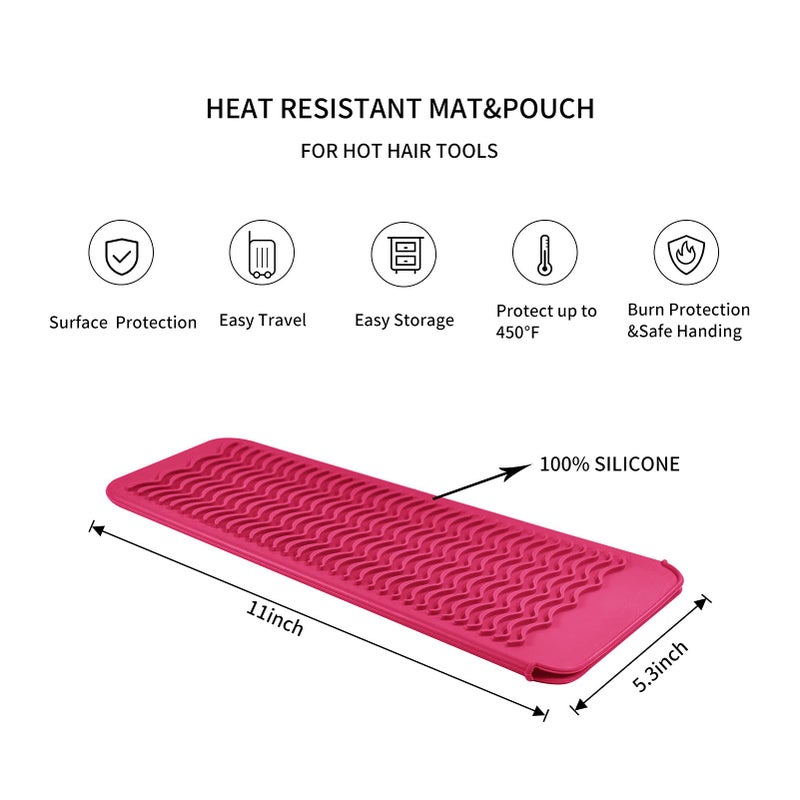 EIOKIT Heat Resistant Silicone Travel Mat Pouch for Hair Styling Tools, 2 Pack, 11 x 5 inches, Slip Resistant, Foldable, Easy-to-Clean, Multipurpose, Grey & Hot Pink - Image 2