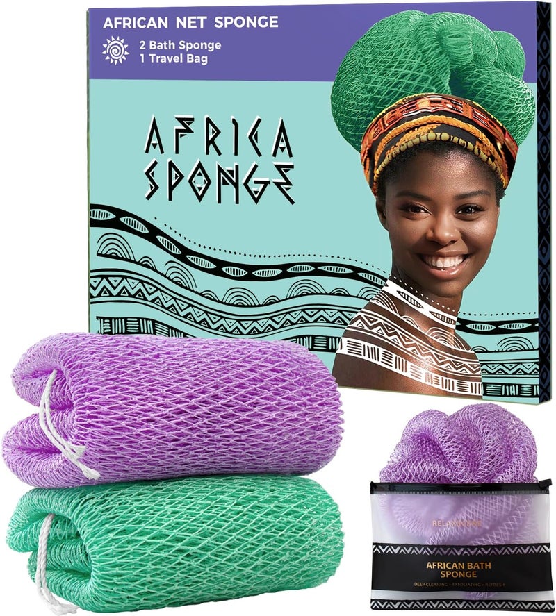 Authentic African Net Sponge 2 Pieces - Back Scrubber for Body - Seawave & Lilac Exfoliating Washcloth with Knots for Shower - Shower Exfoliator for Women Self Care Body Loofah Bath Essentials - Image 1