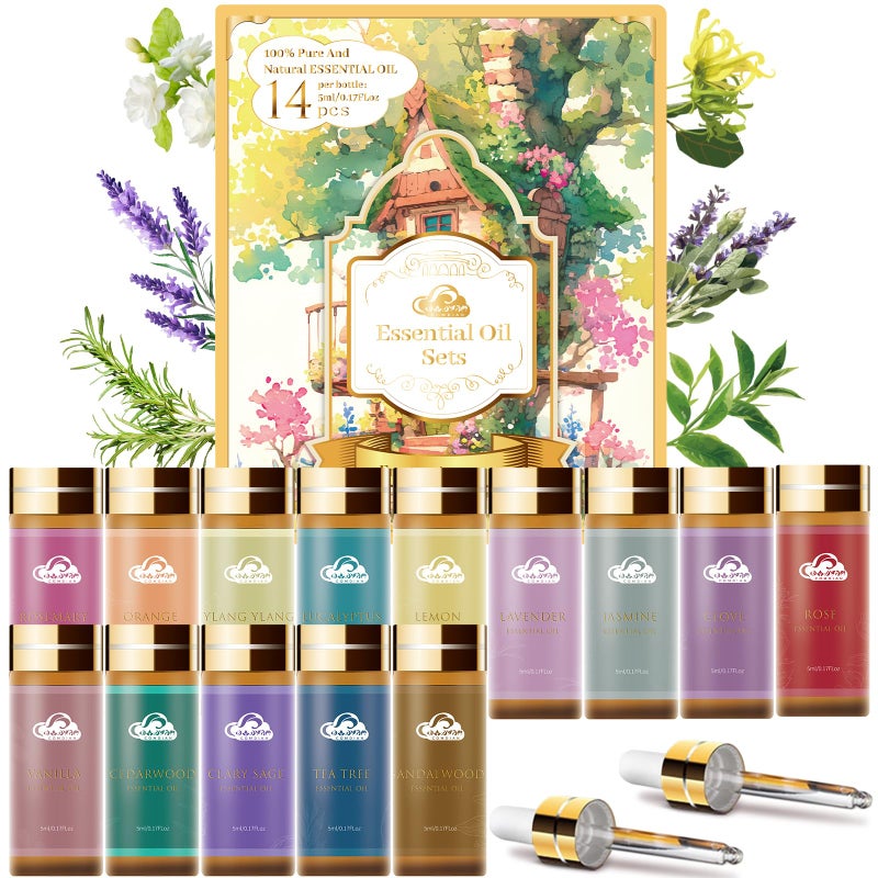 Comdian Fragrance Essential Oils Set - 14pcs, Aromatherapy Oils for Skin, Diffusers, Home Care, Humidifier Laundry, Candle Making - Tea Tree, Sandalwood, Lavender, Vanilla, Eucalyptus and More (5mL) - Image 1