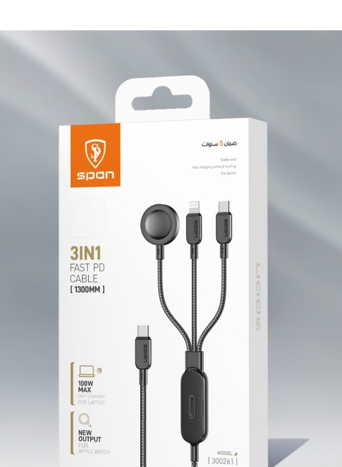 SPON 3 in 1 multi-end charging cable, Type-C and the other (Type-C + Lightning + Apple Watch charger), 100W - Image 2