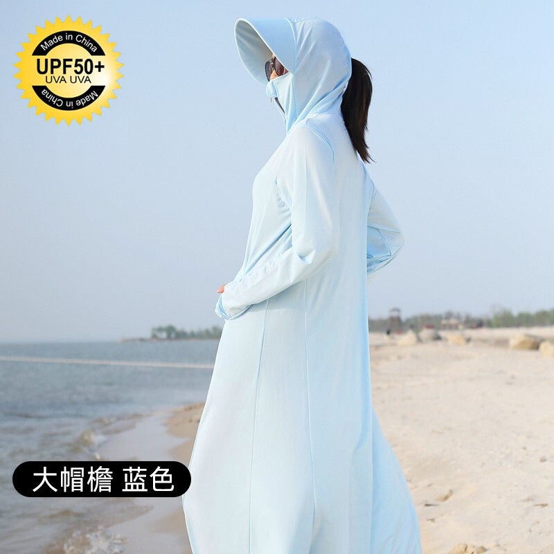 Generic Summer UPF50+ UV Protection Wide Brim Long Ice Silk Shirt blue long brim