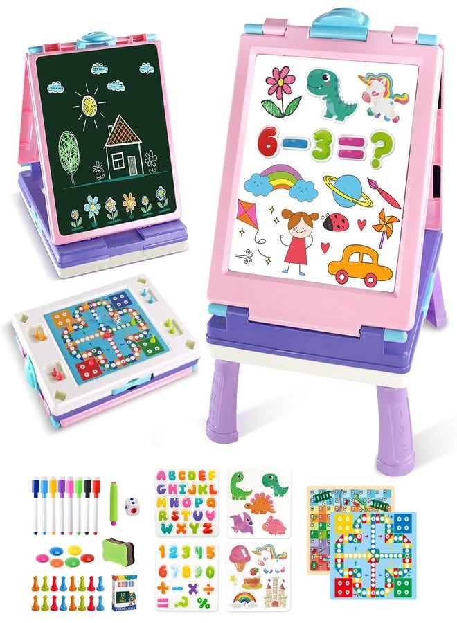 Elovien Easel for Kids, 4 in 1 Double Sided Toddler Art Easel with Chalkboard & Magnetic Whiteboard, Foldable Kid Tabletop Easel with Drawing & Writing Accessories - Educational Gift for Girl (Purple) - Image 1