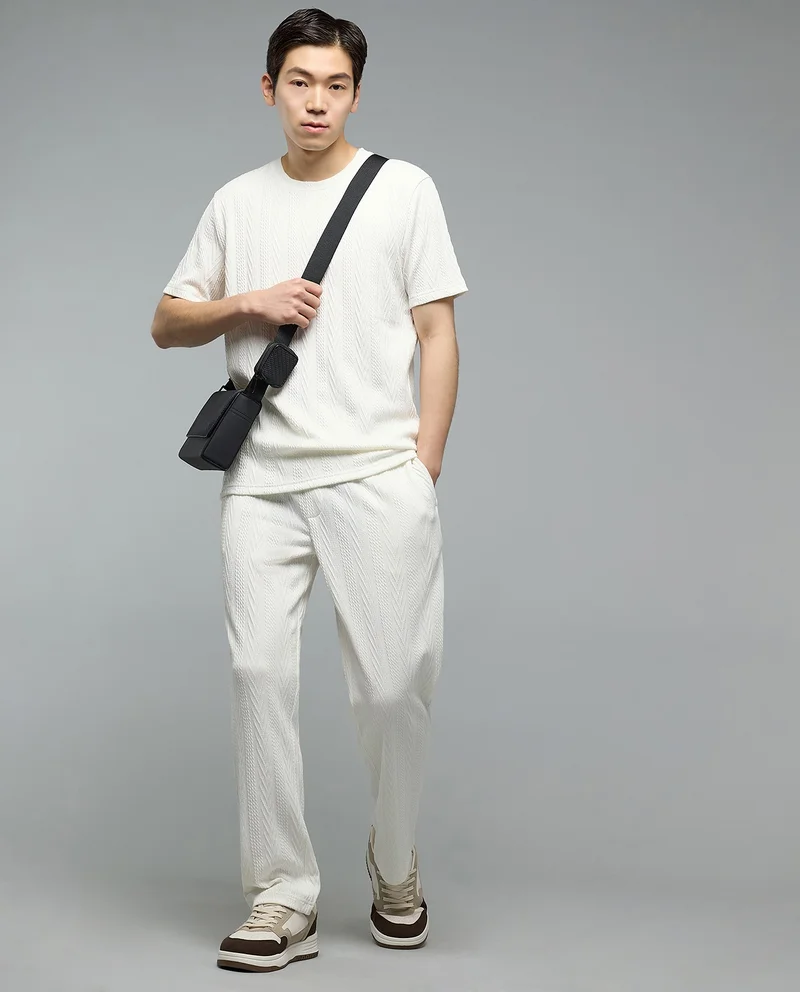 أر أند بي Self Design T-Shirt with Crew Neck and Short Sleeves