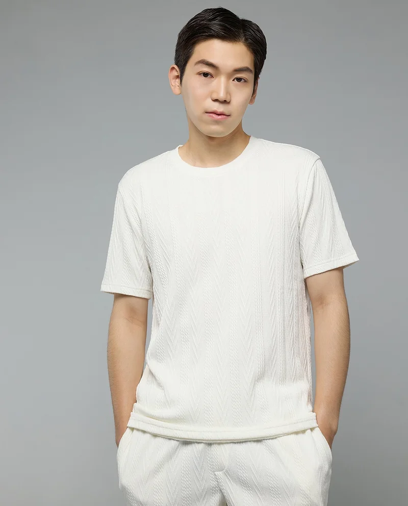 أر أند بي Self Design T-Shirt with Crew Neck and Short Sleeves