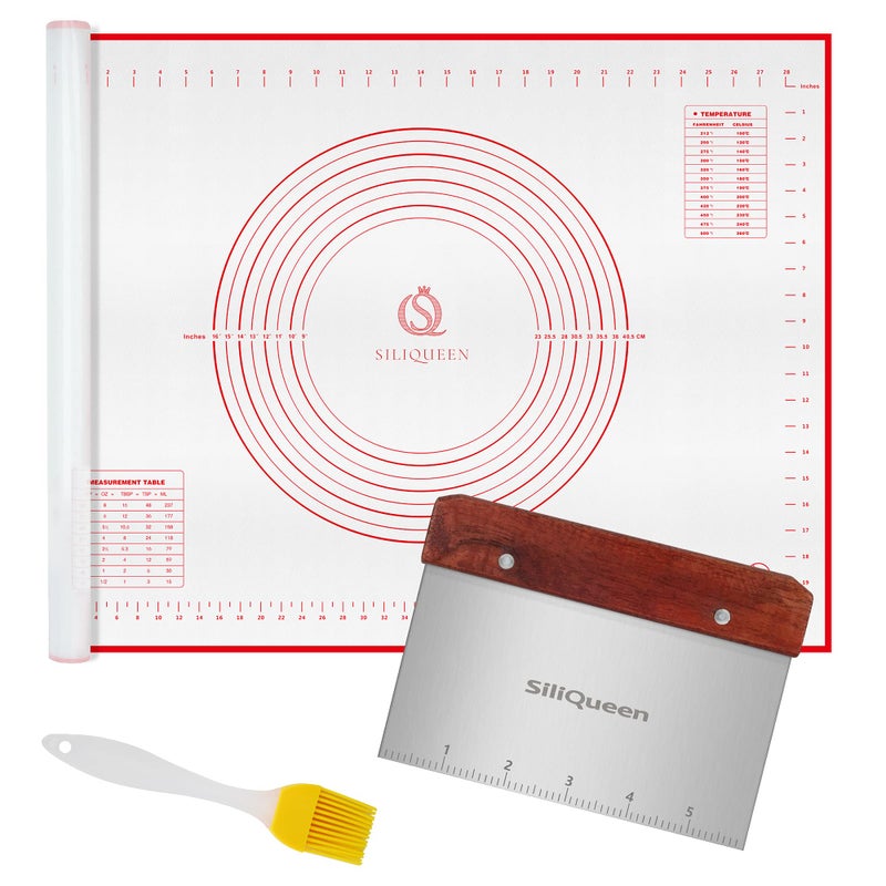 SiliQueen Silicone Pastry Baking Mat with Measurements Extra a Brush and a Dough Scraper  315 x 236 Heat Resistant BPA Free NonStick NonSlip Pastry Mat for Rolling Dough  Easy to Clean Red