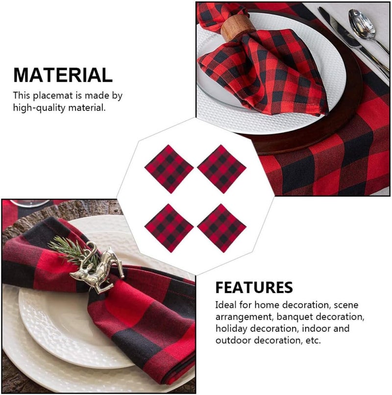 4 Pieces 51x51cm Red Black Checkered Cotton Dining Table Placemats, Waterproof Western Style Home Table Decor Napkins for Family Meals - Image 3
