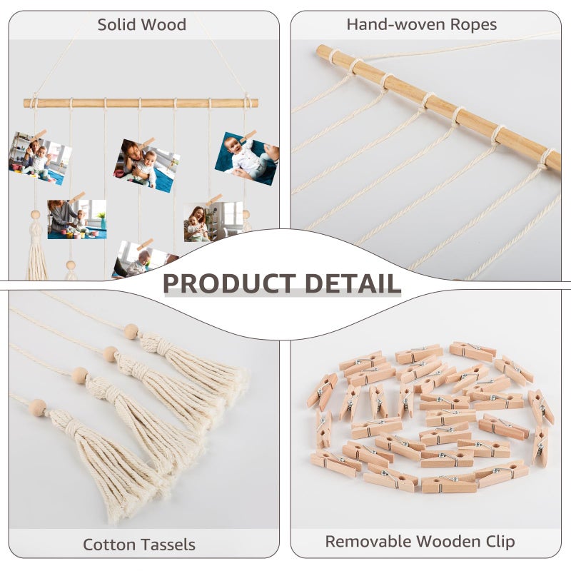 ANROYE Macrame Hanging Photo Display  Picture Holder with 30 Clips for Bedroom Wall  Polaroid Boho Gallery Hangers with LED Light String  Room Decor Gifts for 10 11 12 13 14 Year Old Teen Girl - Image 4
