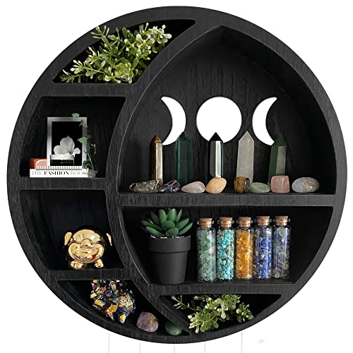 Ella & Emma Wooden Moon Shelf - Crescent Moon Crystal Storage & Wall Hanging Shelves for Bedroom Aesthetic, Moon Phase Wall Decor & Display Shelf, Pinewood, Black - Image 1