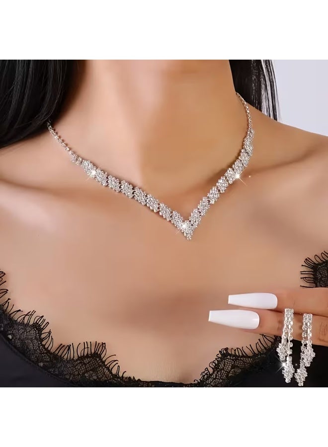 aeen Silver Plated Elegant Rhinestone Wedding Jewellery Set – Necklace and Earrings for Women, Perfect Bridal Accessories - Image 1