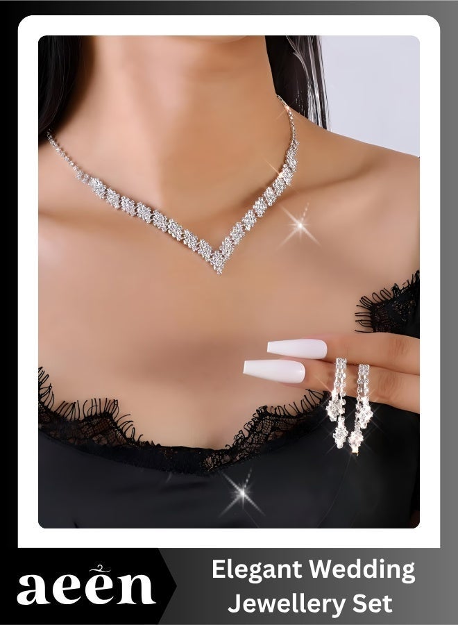 aeen Silver Plated Elegant Rhinestone Wedding Jewellery Set – Necklace and Earrings for Women, Perfect Bridal Accessories - Image 1