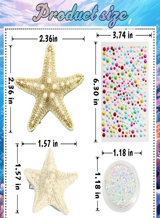 Voiiake Mermaid Costume Accessories Women - 4PCS Starfish Hair Clip, Mermaid Face Glitter and Pearl Stickers, Halloween Hair Clips for Princess Outfit Cosplay - Image 2