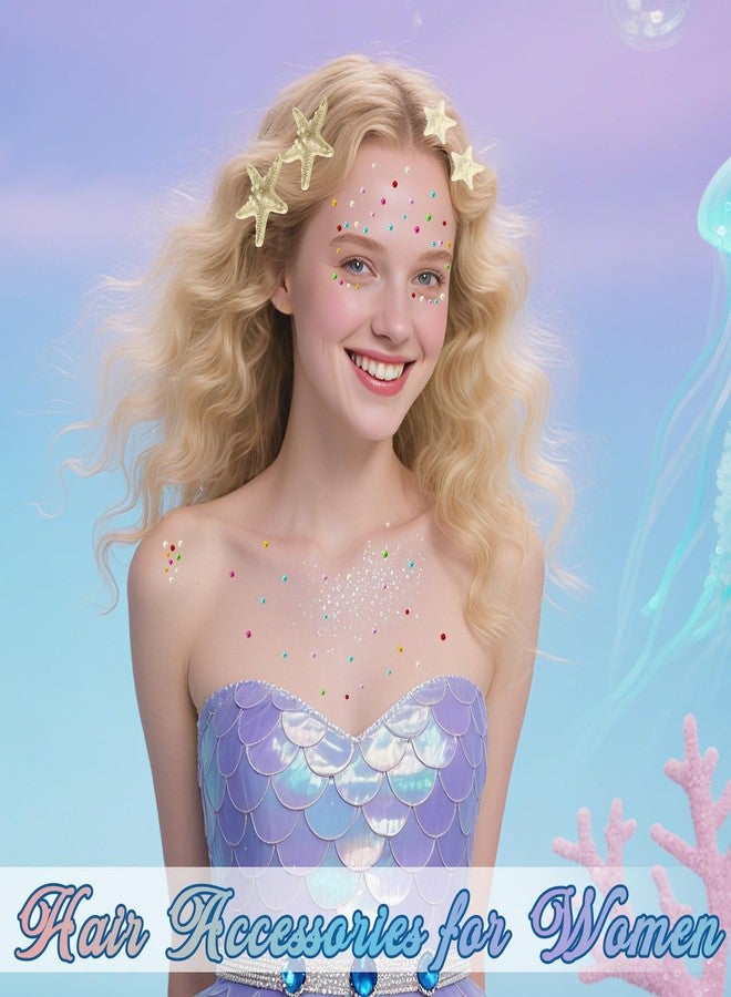 Voiiake Mermaid Costume Accessories Women - 4PCS Starfish Hair Clip, Mermaid Face Glitter and Pearl Stickers, Halloween Hair Clips for Princess Outfit Cosplay - Image 5