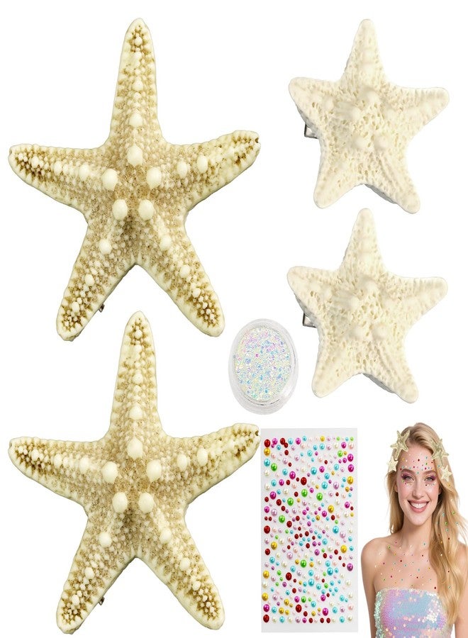 Voiiake Mermaid Costume Accessories Women - 4PCS Starfish Hair Clip, Mermaid Face Glitter and Pearl Stickers, Halloween Hair Clips for Princess Outfit Cosplay - Image 1