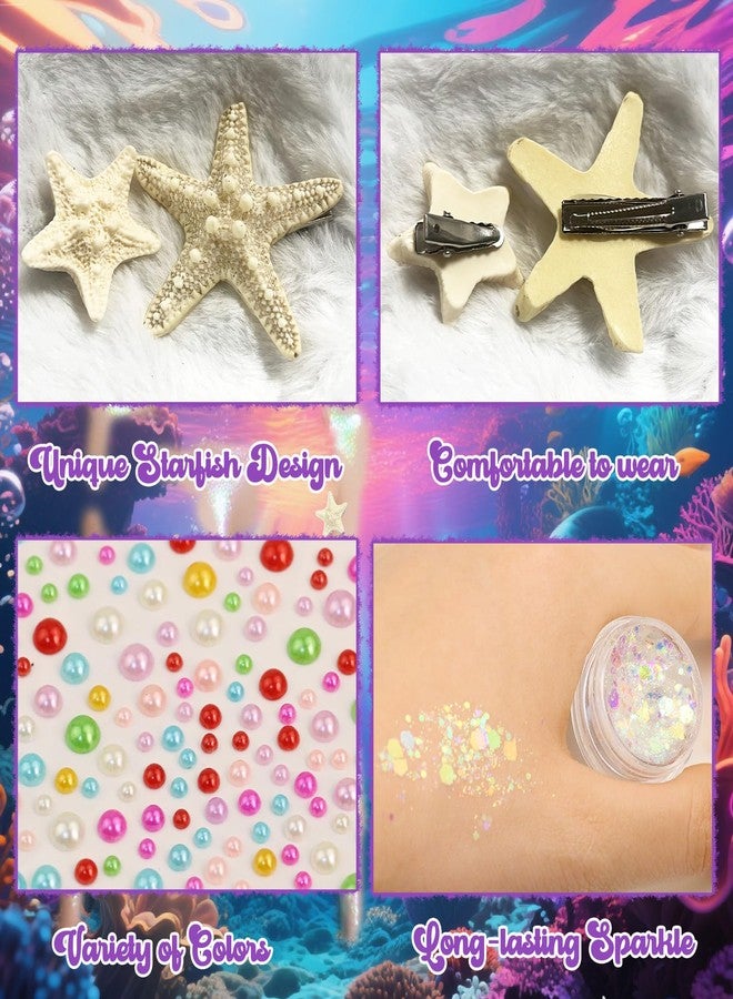 Voiiake Mermaid Costume Accessories Women - 4PCS Starfish Hair Clip, Mermaid Face Glitter and Pearl Stickers, Halloween Hair Clips for Princess Outfit Cosplay - Image 3