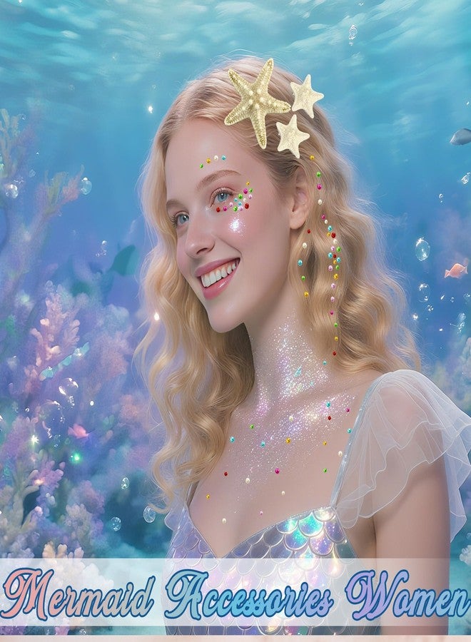 Voiiake Mermaid Costume Accessories Women - 4PCS Starfish Hair Clip, Mermaid Face Glitter and Pearl Stickers, Halloween Hair Clips for Princess Outfit Cosplay - Image 4