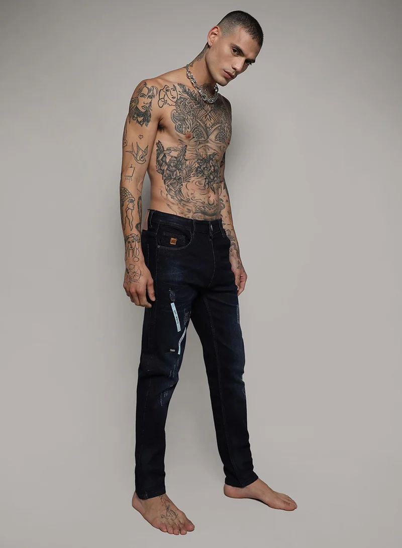CAHOOT  Men's Classic Navy Blue Dark-Wash Distressed Denim Jeans With Embroidered Detail | Skinny Fit Stretchable Cotton Mid-Rise Denim Jeans Crafted With Comfort Fit For Everyday Wear for Men | Best Price UAE