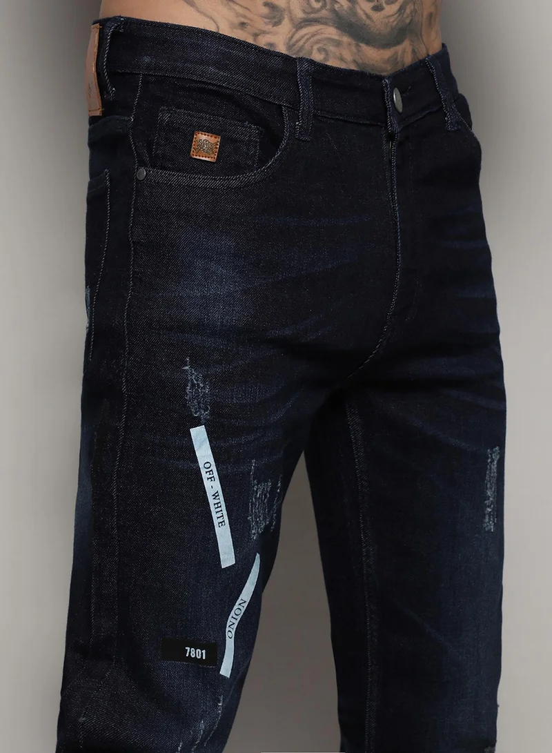 CAHOOT  Men's Classic Navy Blue Dark-Wash Distressed Denim Jeans With Embroidered Detail | Skinny Fit Stretchable Cotton Mid-Rise Denim Jeans Crafted With Comfort Fit For Everyday Wear for Men | Best Price UAE