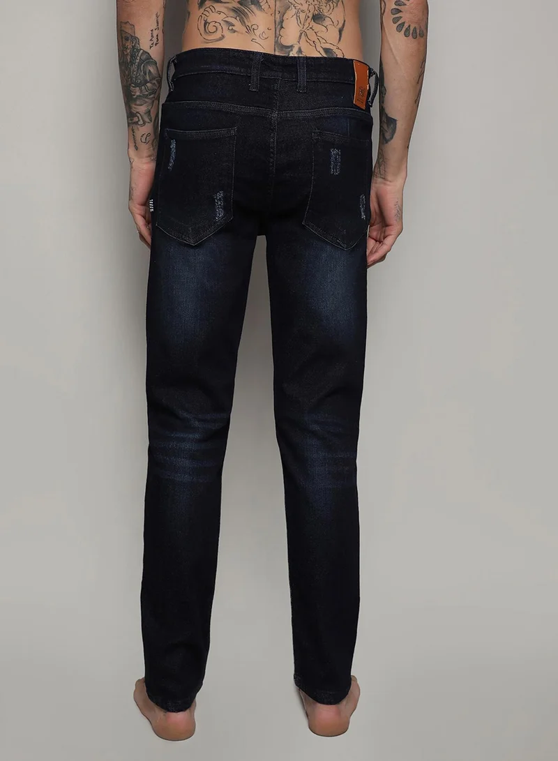 CAHOOT  Men's Classic Navy Blue Dark-Wash Distressed Denim Jeans With Embroidered Detail | Skinny Fit Stretchable Cotton Mid-Rise Denim Jeans Crafted With Comfort Fit For Everyday Wear for Men | Best Price UAE