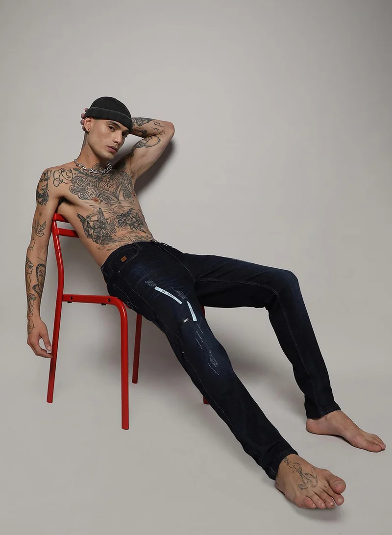 CAHOOT  Men's Classic Navy Blue Dark-Wash Distressed Denim Jeans With Embroidered Detail | Skinny Fit Stretchable Cotton Mid-Rise Denim Jeans Crafted With Comfort Fit For Everyday Wear for Men | Best Price UAE