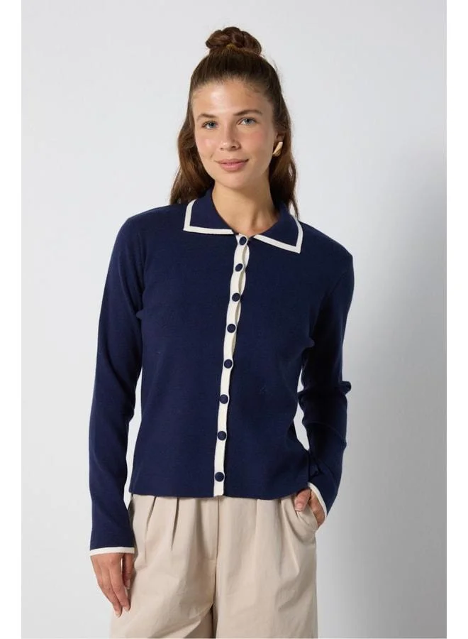 mina aise Women's Navy Premium Regular Fit Polo Neck Knit Cardigan 7060.