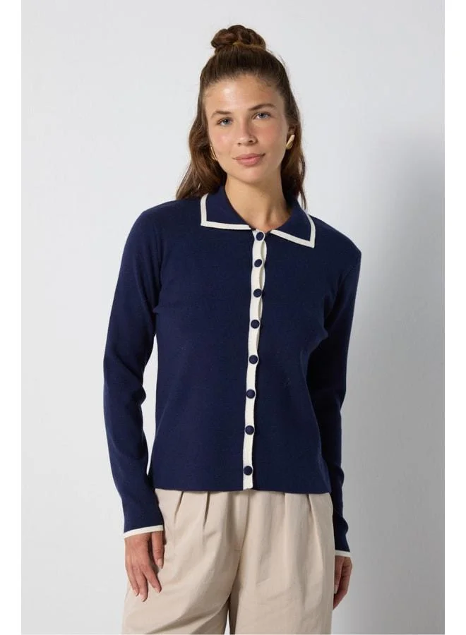 mina aise Women's Navy Premium Regular Fit Polo Neck Knit Cardigan 7060.