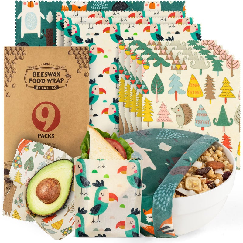 Akeeko Reusable Beeswax Food Wraps - Assorted 9 Packs, Eco-Friendly Reusable Wrap, Biodegradable, Zero Waste, Organic Cloth, Sustainable, Plastic-Free Food Storage, 1Large, 3Medium, 5Small Sizes - Image 1