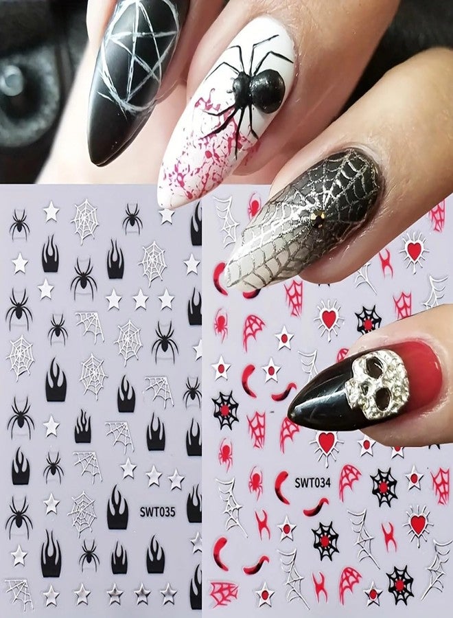 KRTBKR 6 Sheets Halloween Nail Stickers 3D Self-Adhesive Silver Gold Glitter Spiders Web Nail Art Stickers Designs Stickers Cute Halloween Charms Goth Nail Decals for Women Acrylic Manicure Holiday DIY - Image 3