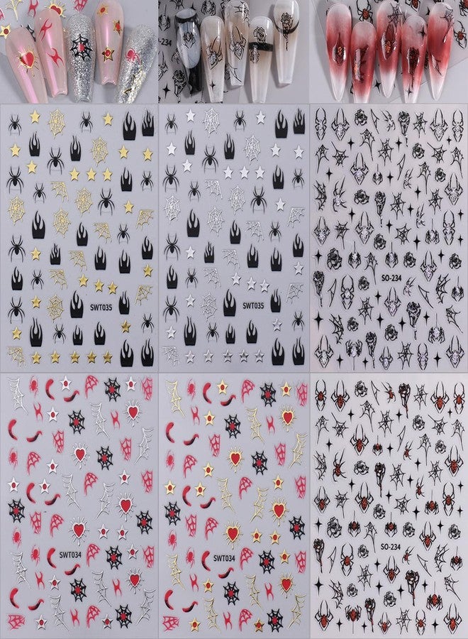 KRTBKR 6 Sheets Halloween Nail Stickers 3D Self-Adhesive Silver Gold Glitter Spiders Web Nail Art Stickers Designs Stickers Cute Halloween Charms Goth Nail Decals for Women Acrylic Manicure Holiday DIY - Image 2