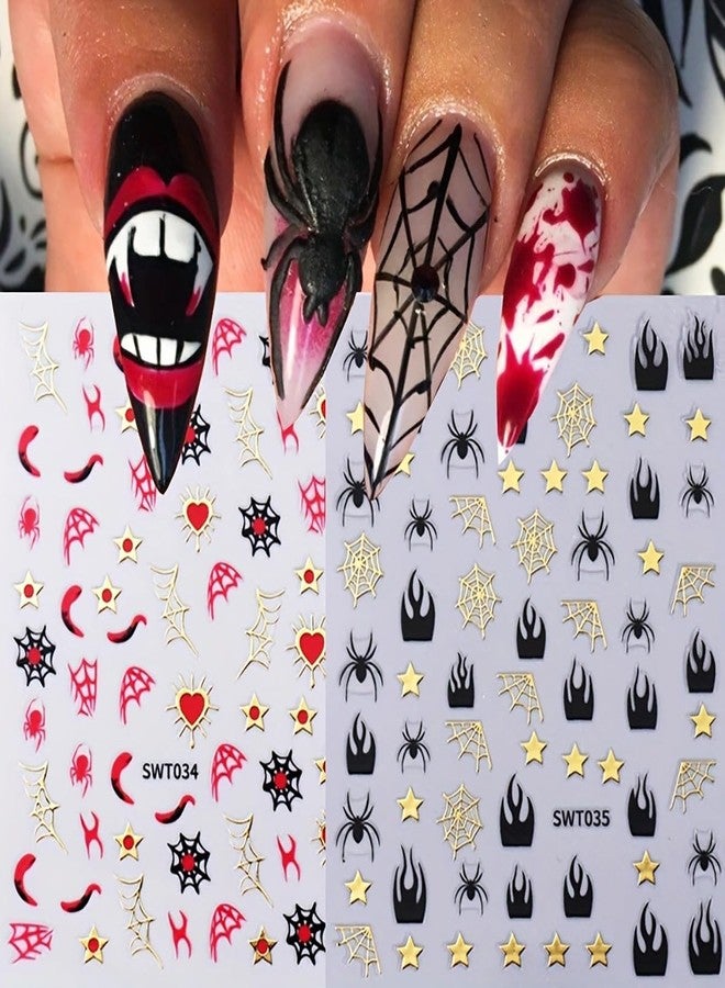 KRTBKR 6 Sheets Halloween Nail Stickers 3D Self-Adhesive Silver Gold Glitter Spiders Web Nail Art Stickers Designs Stickers Cute Halloween Charms Goth Nail Decals for Women Acrylic Manicure Holiday DIY - Image 5