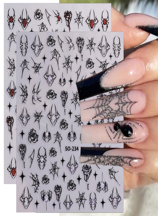 KRTBKR 6 Sheets Halloween Nail Stickers 3D Self-Adhesive Silver Gold Glitter Spiders Web Nail Art Stickers Designs Stickers Cute Halloween Charms Goth Nail Decals for Women Acrylic Manicure Holiday DIY - Image 4