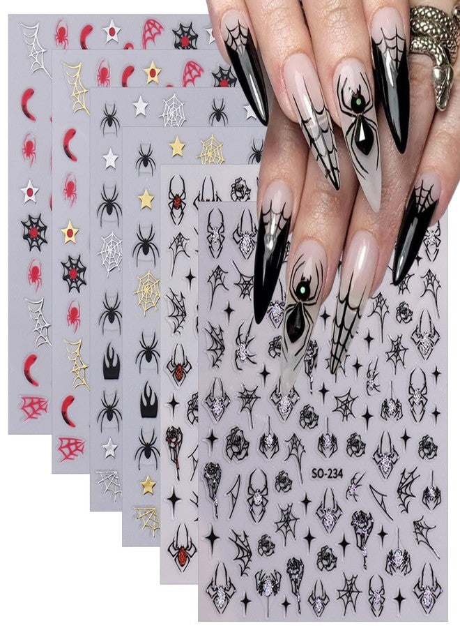 KRTBKR 6 Sheets Halloween Nail Stickers 3D Self-Adhesive Silver Gold Glitter Spiders Web Nail Art Stickers Designs Stickers Cute Halloween Charms Goth Nail Decals for Women Acrylic Manicure Holiday DIY - Image 1