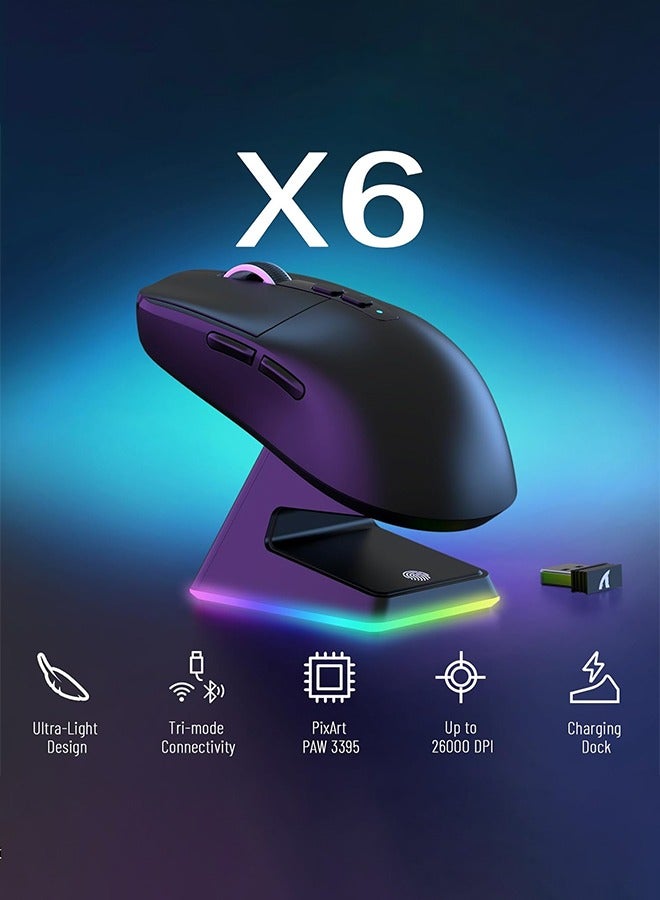 Attack Shark X6 Lightweight Wireless Gaming Mouse with Tri-Mode Wired/2.4GHz/BT5.2, PAW3395 Optical Sensor,Up to 26K DPI RGB Touch Magnetic Charging Base - Image 2