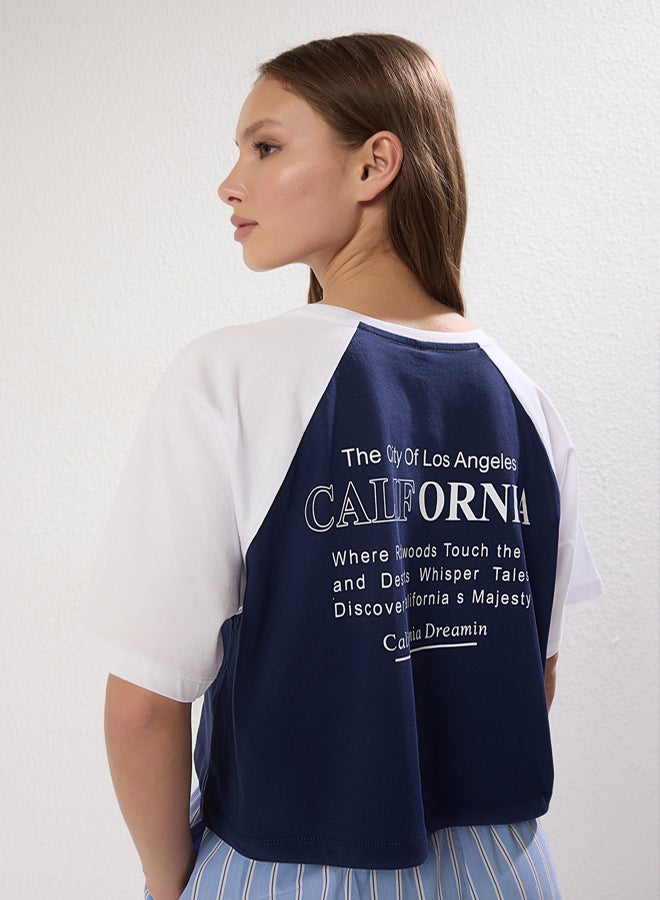 trendyol Navy Blue 100% Cotton Color Block Slogan Printed Relaxed Crop Knit T-Shirt - Image 1