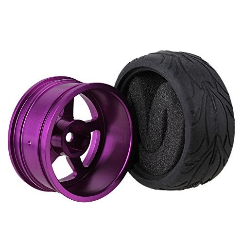 Mxfans Black Scale Pattern Rubber Tyre and Purple Alloy Wheel Rims with 5 Spoke for RC 1:10 On-Road Racing Car Pack of 4 - Image 4