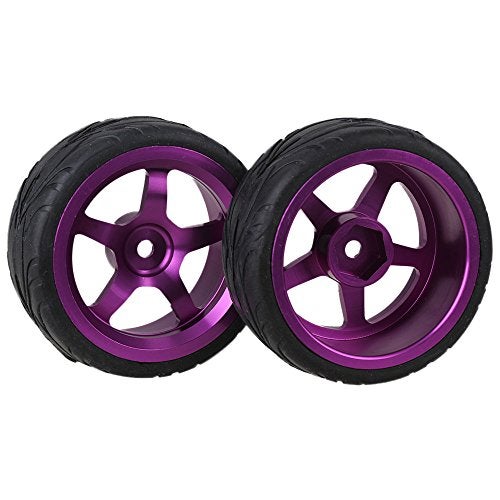 Mxfans Black Scale Pattern Rubber Tyre and Purple Alloy Wheel Rims with 5 Spoke for RC 1:10 On-Road Racing Car Pack of 4 - Image 2