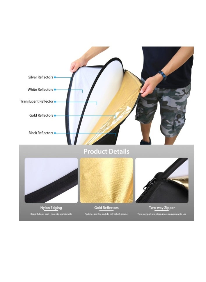 بولوز PULUZ 110CM 5 في 1 (فضي / شفاف / ذهبي / أبيض / أسود) لوحة عاكسة للصور قابلة للطي PU5110  - Image 2